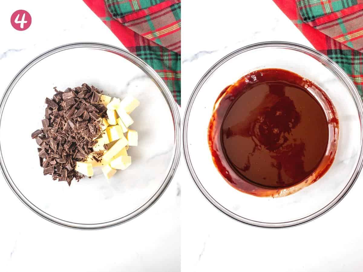 Bowl of butter and chocolate, and bowl of butter and chocolate melted together