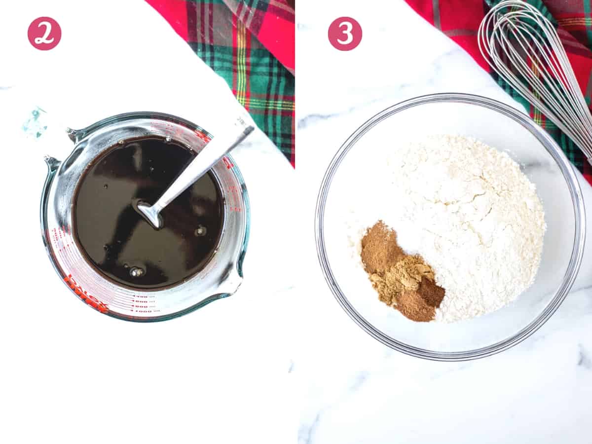 Liquid measuring cup of molasses and water, and bowl of dry ingredients