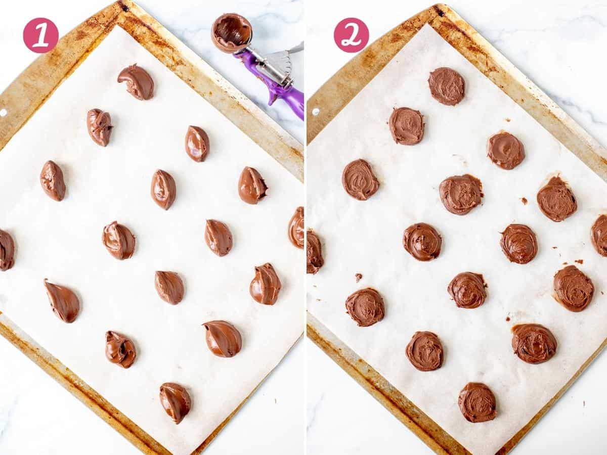 Spoonfuls of Nutella on a lined cookie sheet.