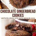 These chocolate gingerbread cookies are a soft and chewy ginger molasses cookie with a hint of cocoa. The cocoa pairs perfectly with the warm spices for a flavor that's warm, comforting and perfect for the holidays. They're rolled in sugar for a slight crunch that pairs perfectly with the chewy centers. #chocolate #gingerbread #gingermolasses #recipe #cookies #christmas #holidays from Just So Tasty
