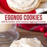 These eggnog cookies are soft and tender with a delicious eggnog flavor and a layer of thick and creamy eggnog frosting. With a hint of nutmeg - these are perfect for eggnog lovers or anyone who loves thick and tender sugar cookies. #cookies #eggnog #frosted #soft #christmascookies #cookierecipe #holidays #baking #nutmeg #eggnogfrosting from Just So Tasty