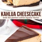 This Kahlua cheesecake is the perfect grown up dessert. It's incredibly creamy with a delicious coffee liqueur flavor that's not too overpowering and pairs perfectly with the decadence of the cheesecake. An Oreo cookie crust and chocolate ganache topping really take this to the next level.