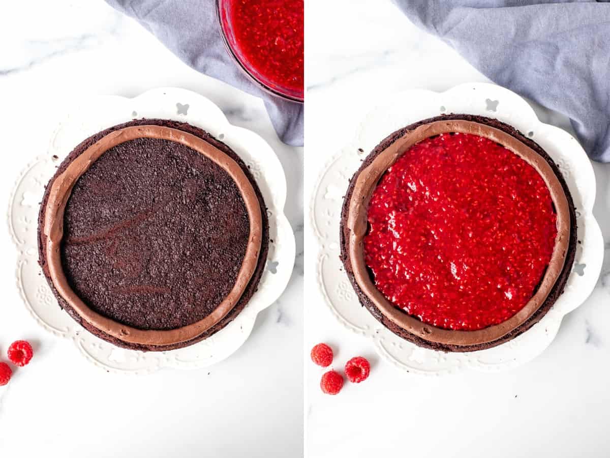 2 photos of chocolate cake layer with raspberry filling
