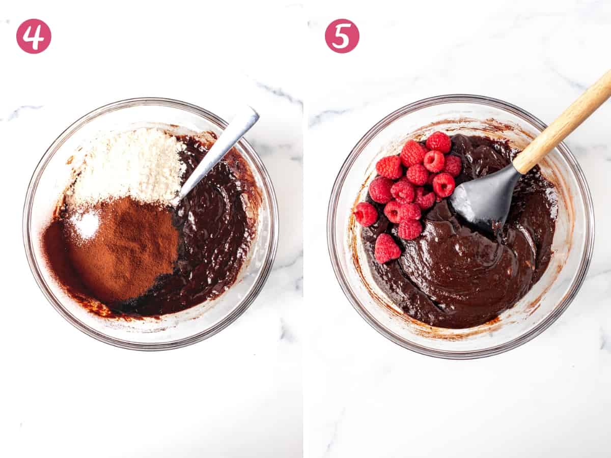 Bowl of chocolate batter with flour and cocoa and bowl of brownie batter with raspberries