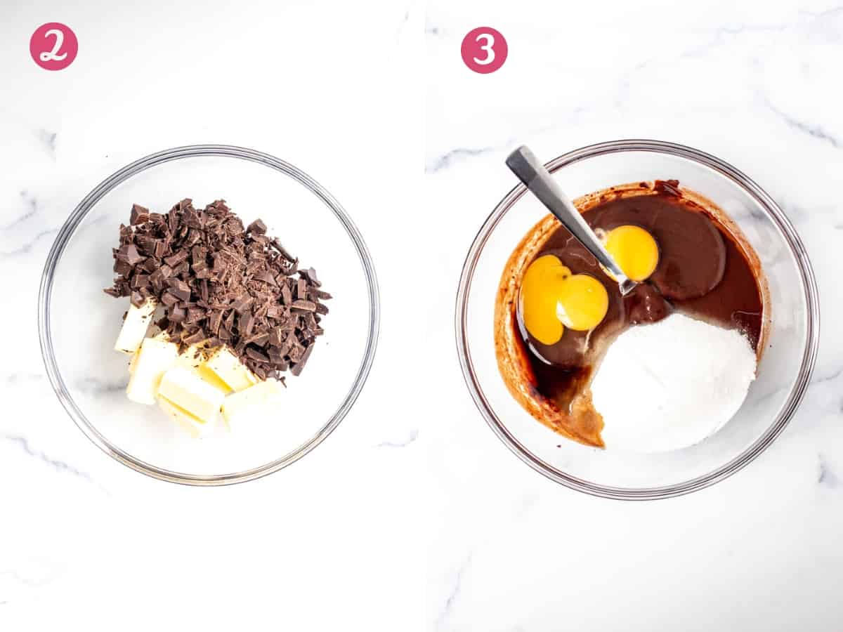 Bowl of chopped chocolate and butter, and bowl of melted chocolate, eggs and sugar.