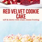 This GIANT Red Velvet Cookie Cake has a delicious red velvet flavor, beautiful red color, and a soft and chewy texture. It's filled with white chocolate chips and decorated with cream cheese frosting. It looks beautiful and makes for the perfect dessert for cookie lovers! #redvelvet #cookiecake #whitechocolatechip