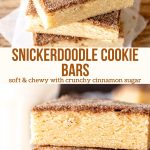 These snickerdoodle cookie bars have a soft and chewy texture, delicious buttery flavor and crunchy cinnamon sugar topping. Easier than making cookies and no mixer required, this recipe is perfect if you like your cookies extra thick and chewy.  #snickerdoodle #cookiebars #cinnamonsugar #recipe #bars from Just So Tasty
