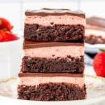 Stack of 3 strawberry truffle brownies.