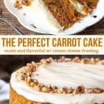 This moist and flavorful carrot cake stands tall as the perfect layer cake. It's extremely flavorful thanks to warm spices, brown sugar and vanilla. The texture is moist, spongy and perfect for layering. Tangy cream cheese frosting in between each cake layer is the perfect pairing - making this the perfect easy carrot layer cake. #carrotcake #layercake #moist #creamcheesefrosting #creamcheeseicing from Just So Tasty