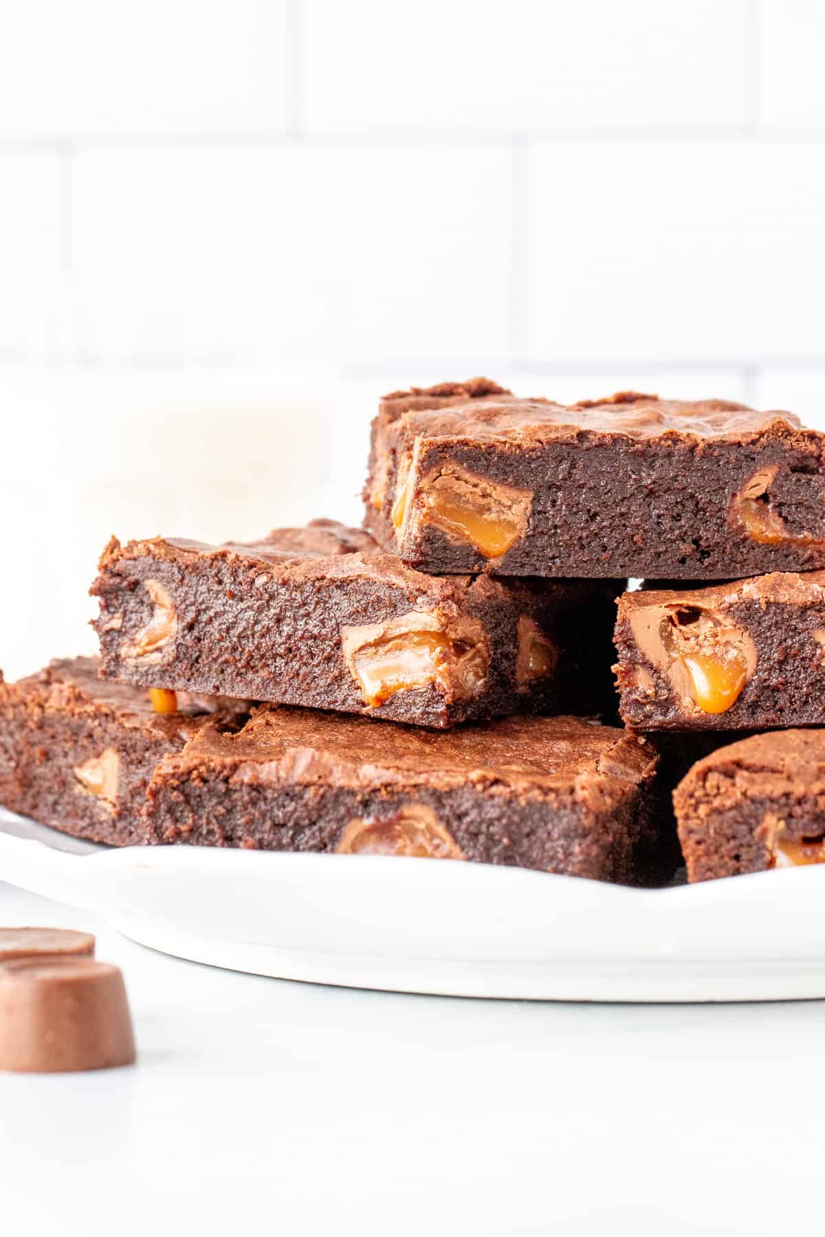 Plate of brownies stuffed with Rolo candies