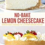 his no-bake lemon cheesecake is incredibly creamy with a burst of fresh lemon that tastes like sunshine. It has a thick graham crust for a delicious crunch and the texture is almost like a mousse. It's lighter than a traditional baked cheesecake and the citrus flavor pairs perfectly with the creaminess of the cheesecake. #nobake #lemon #cheesecake #grahamcrust #nobakelemoncheesecake #lemoncheesecake #summer #nobakedessert from Just So Tasty