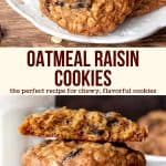 These classic oatmeal raisin cookies are made with brown sugar, cinnamon, vanilla and lots of oats. They're soft and chewy, never dry, and definitely win in the flavor and texture categories for the perfect, homemade oatmeal raisin cookie. #oatmealraisin #cookies #easy #oldfashioned #homemade #cinnamon #chewy #soft #recipe #flavorful #oats #rolledoats