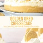 This no-bake Golden Oreo cheesecake is creamy, filled with Golden Oreos and perfect if you opt for vanilla over chocolate. It has a crunchy vanilla Oreo crust, Oreo pieces in the filling, and is decorated with even more Golden Oreos! #goldenoreo #cheesecake #nobake #recipe #oreo from Just So Tasty