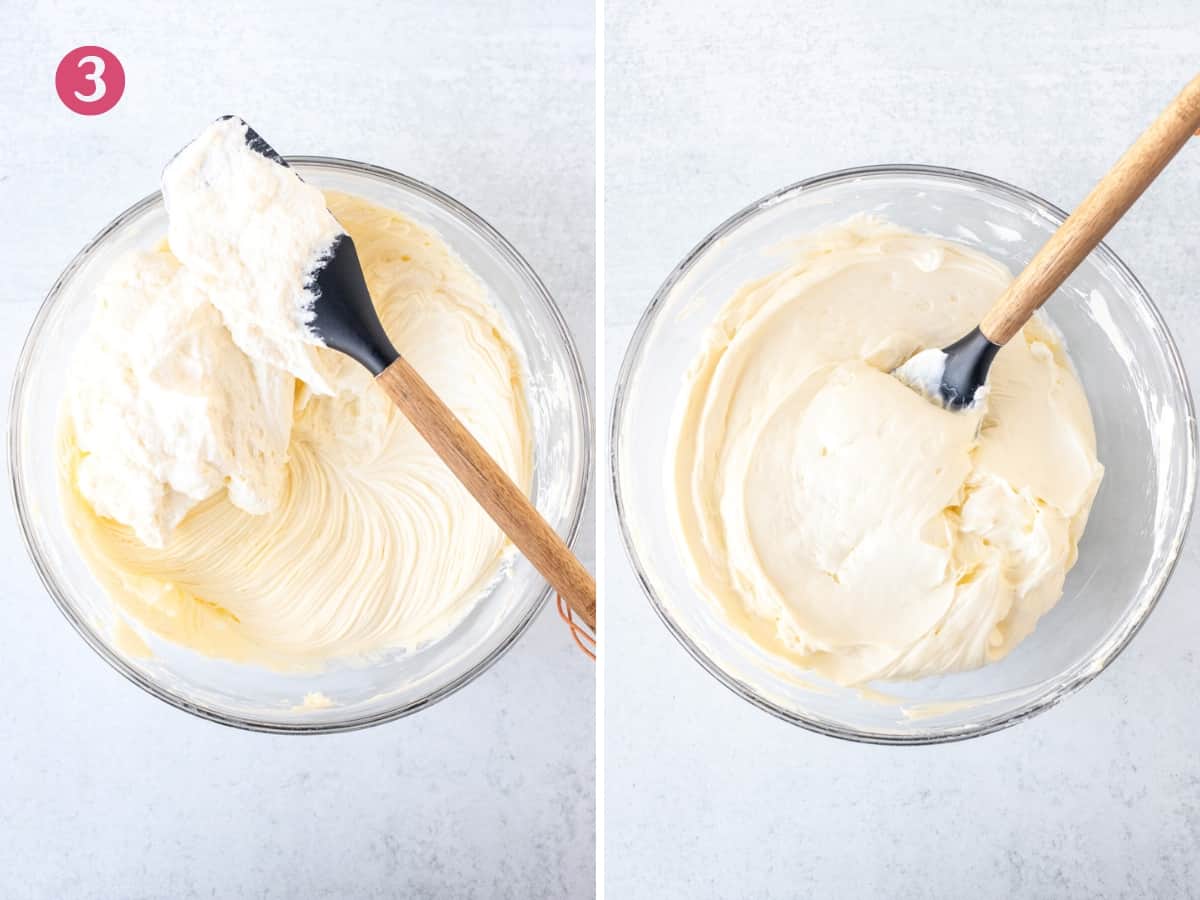 Bowl of cream cheese mixture with whipped cream on top, bowl of no-bake cheesecake filling