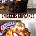 Fudgy chocolate cupcakes, creamy peanut butter frosting and a drizzle of caramel - these Snickers cupcakes have everything you love about the classic candy bar! Then top them with a chunk of Snickers, and these cupcakes are truly next level delicious. #snickers #cupcakes #candybar #recipe #peanutbutterfrosting #caramel #chocolatecupcakes from Just So Tasty