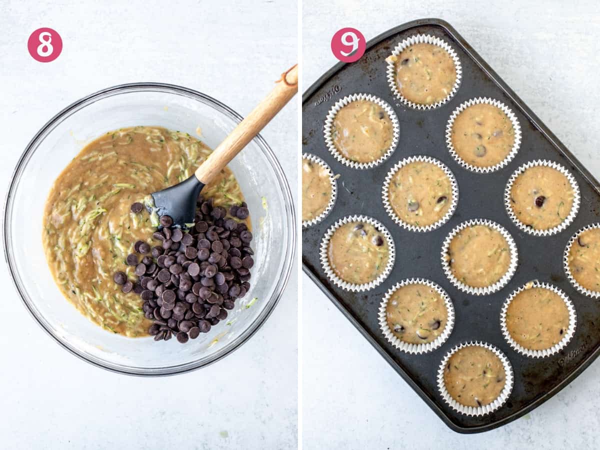 Bowl of zucchini chocolate chip muffin batter, and muffin tin with unbaked zucchini chocolate chip muffins