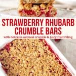 Strawberry rhubarb bars have a delicious oatmeal base, a strawberry rhubarb middle that's both sweet and tart, and cinnamon oatmeal crumble topping. The perfect summer dessert - these are delicious with a midmorning coffee or a scoop of ice cream for dessert.