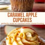 These caramel apple cupcakes are the perfect fall treat. Moist apple cupcakes flavored with warm cinnamon, brown sugar and vanilla extract. Then they're topped with caramel cream cheese frosting and a drizzle of salted caramel. #caramelfrosting #caramelapple #applecupcakes #cinnamonapple #fall #baking from Just So Tasty