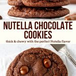 Love Nutella? These soft and chewy Nutella cookies are made with Nutella in the cookie dough for a delicious chocolate hazelnut flavor. They're  filled with chocolate chips for a double chocolate cookie that's impossible to resist. #cookies #nutella #nutellachocolatchipcookies #chocolatechip #chocolate #chocolatehuzelnut