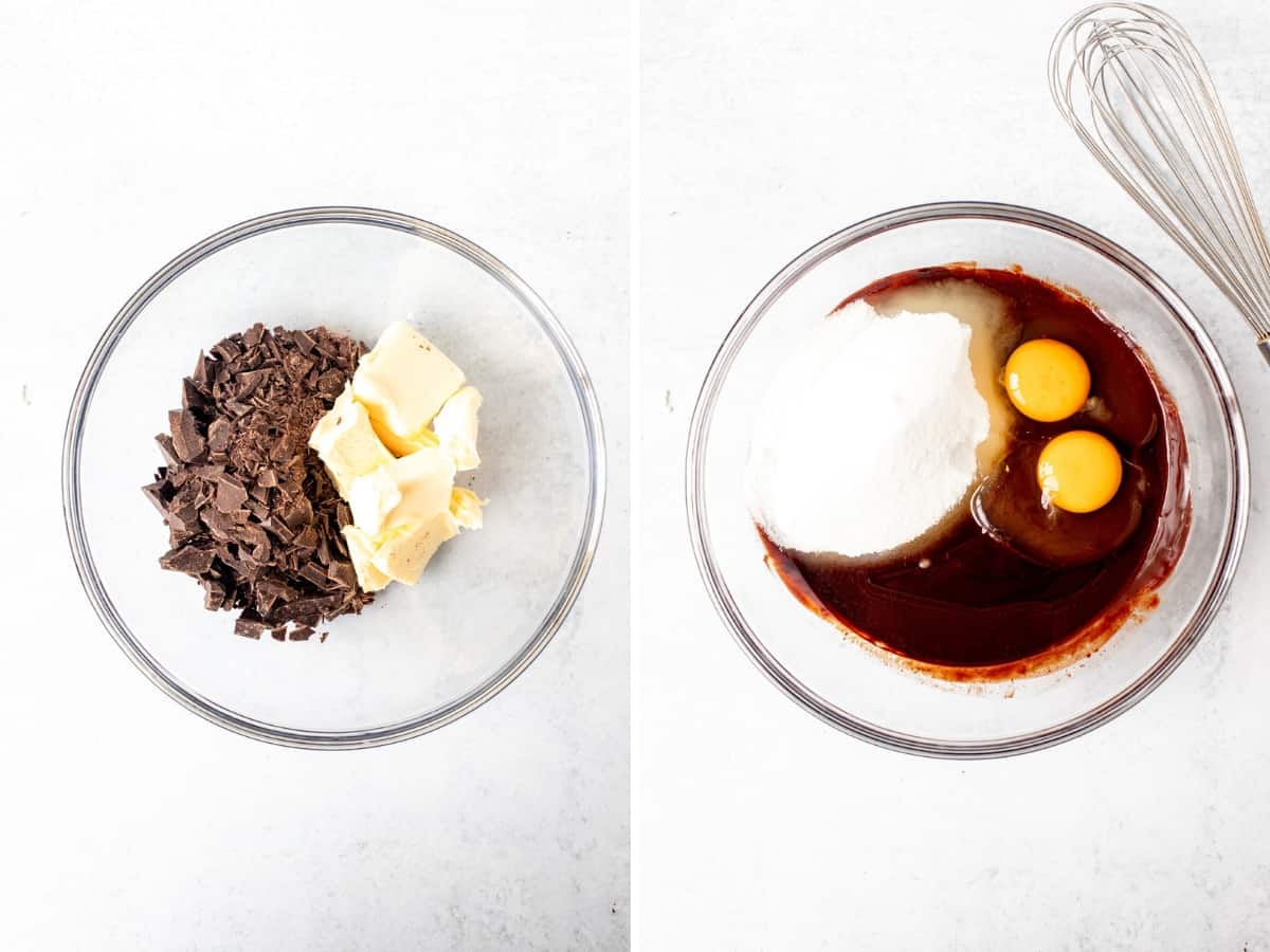 Bowl of chopped chocolate and butter, and bowl of melted chocolate and butter with sugar and eggs.