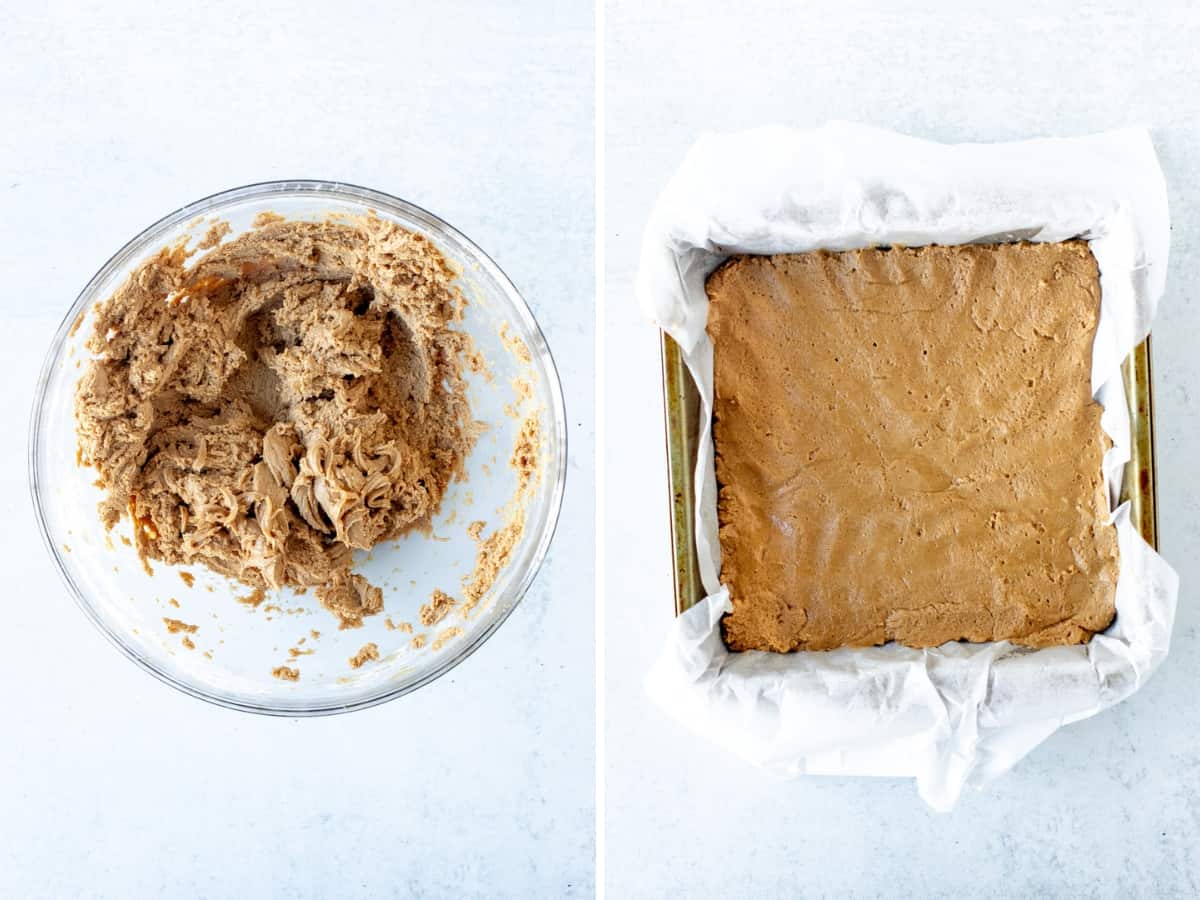 Bowl of peanut butter filling, and peanut butter filling pressed into 8x8 inch pan