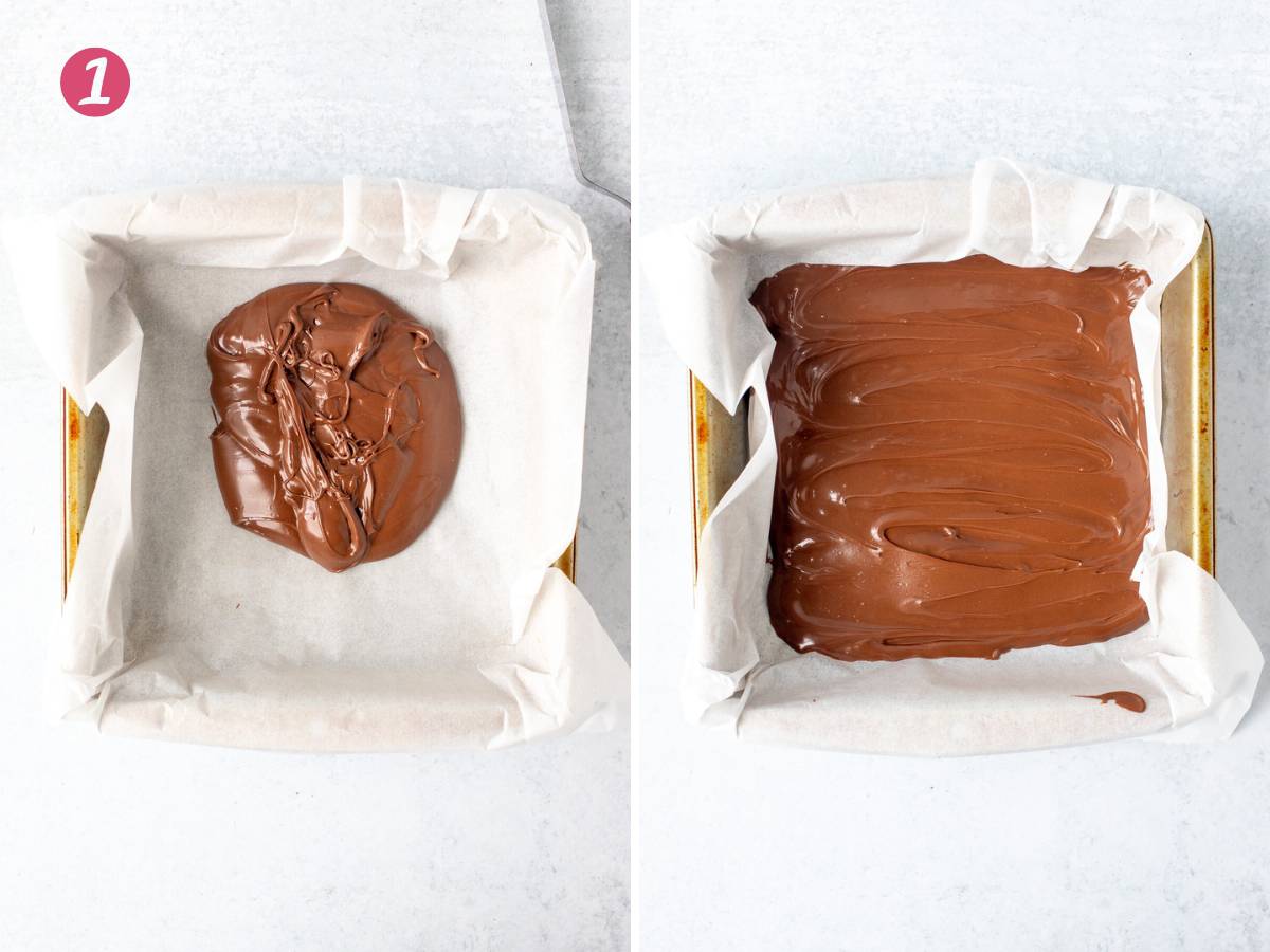 Lined pan with Nutella, and lined pan with Nutella spread into an even layer