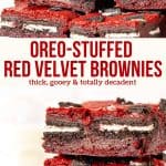 Oreo stuffed red velvet brownies - what more could you want in a dessert? These thick and fudgy brownies have a delicious red velvet flavor and the ultimate brownie texture that's verging on gooey. They're stuffed with Oreo cookies and topped with even more crushed Oreos on top.