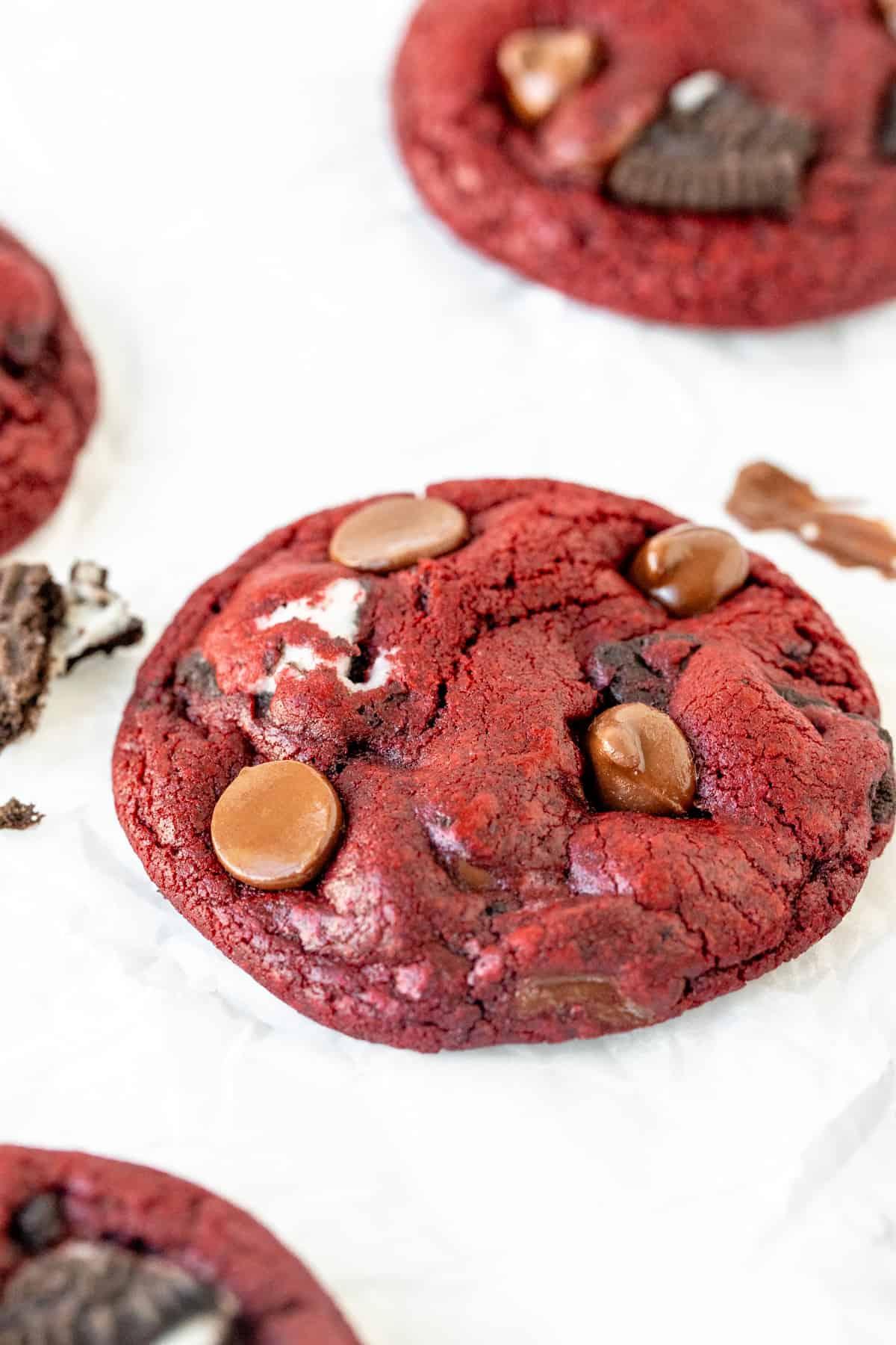 Homemade Oreo red velvet cookie on baking sheet. 