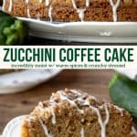 This zucchini coffee cake is dense, moist and perfectly flavorful with hints of cinnamon, brown sugar and vanilla. The zucchini dissolves as the cake bakes to give a tender cake crumb that pairs perfectly with the crunchy streusel on top. Serve this crumb cake for brunch, afternoon tea or a comforting dessert. #zucchini #coffeecake #crumbcake #zucchinirecipes from Just So Tasty