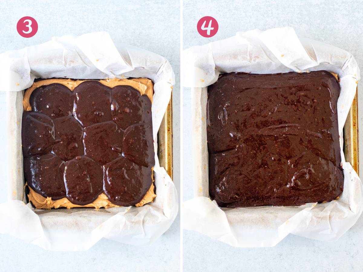 2 steps of how to assemble peanut butter stuffed brownies