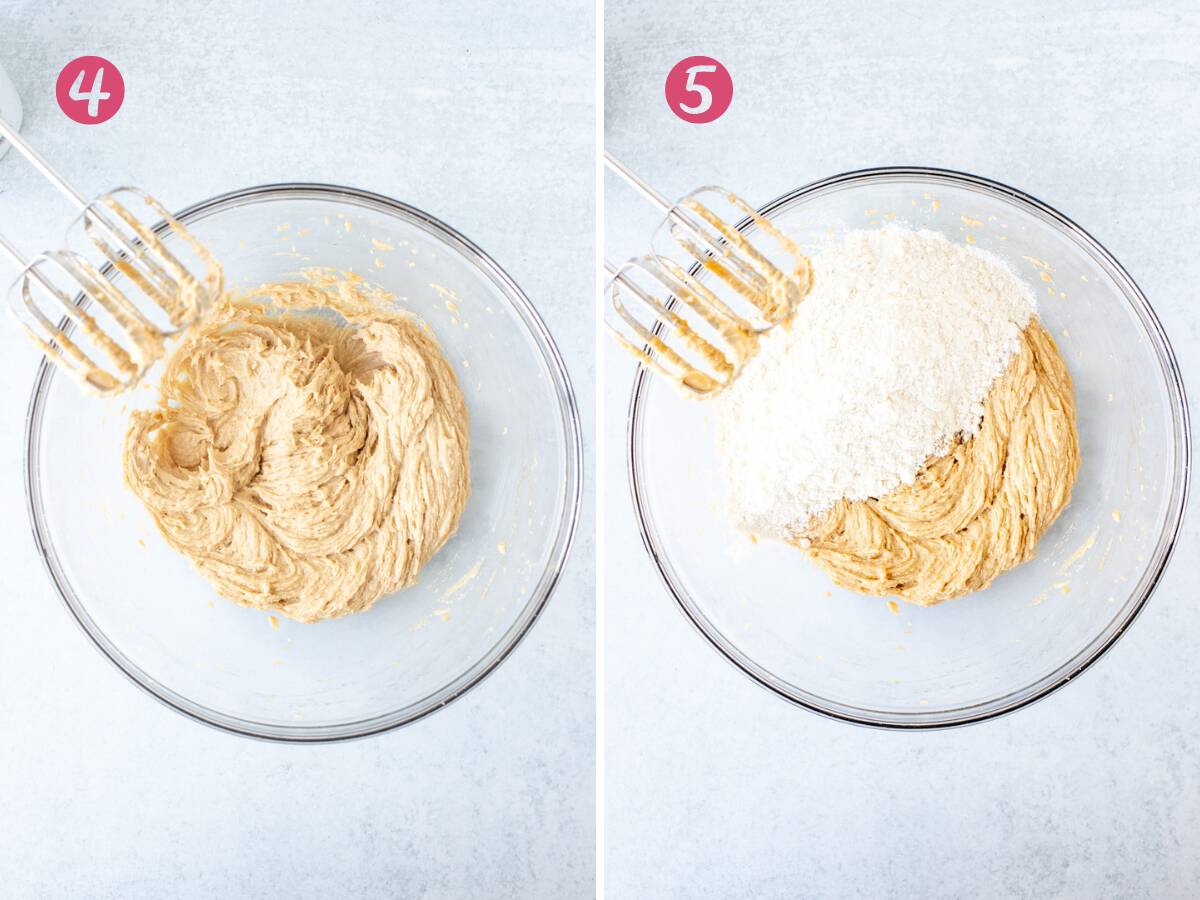 Bowl of butter, sugar and eggs beaten together, and bowl of dough after dry ingredients are added.