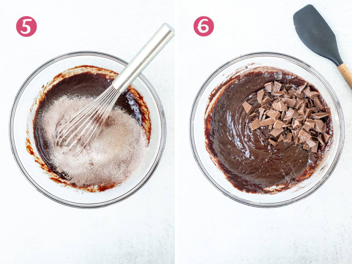 Bowl of dry ingredients added to brownie batter, and bowl of brownie batter with chopped orange chocolate