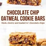 These oatmeal chocolate chip cookie bars are thick and chewy with almost gooey centers and tons of chocolate chips. They're simple to throw together and perfect for when you want an easy, simple, totally addictive treat.  #oatmeal #cookies #cookiebars #oatmealchocolatechip #recipe #bars from Just So Tasty