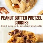 These peanut butter pretzel chocolate chip cookies are thick and chewy with the perfect flavor combo of salty-sweet. The pretzels add a delicious crunch. Then these pudgy cookies are oozing with tons of chocolate chips! Best of all, there's no need to chill the dough. #peanutbutter #pretzel #cookies #chocolatechip #thick #chewy #peanutbutterpretzel #recipe from Just So Tasty