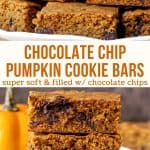 These pumpkin chocolate chip bars are moist and chewy with a delicious pumpkin spice flavor and tons of chocolate chips. They're an easy fall treat that's perfect for a crowd! #pumpkin #chocolatechip #chocolatechunk #pumpkincookiebars #pumpkinbars #pumpkinblondies from Just So Tasty