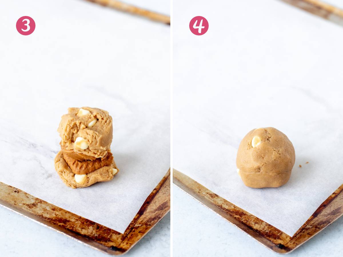 2 steps of how to assemble Biscoff stuffed cookies