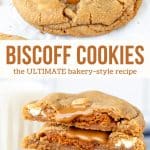 These Biscoff cookies are the ULTIMATE cookies if you love the creamy cookie butter spread. Biscoff gets mixed into the cookie dough, then each cookie is stuffed with a Lotus biscuit  and even more Biscoff. You end up with big, bakery-style cookies that are loaded with white chocolate chips and oozing with cookie butter in the middle. #cookiebutter #biscoff #stuffedcookies #biscoffcookies #biscoffstuffedcookies from Just So Tasty
