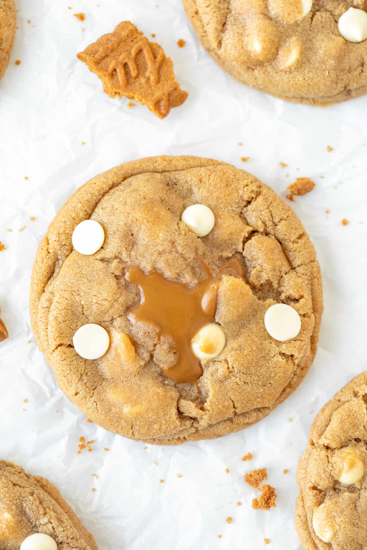 Biscoff stuffed cookie with white chocolate chips, from above