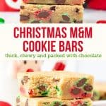These Christmas M&M cookie bars are soft and chewy with a delicious buttery, vanilla flavor. They're quick, easy and look festive thanks to the red and green M&Ms. If you like your cookies extra thick and packed with chocolate chips - then you'll love Christmas cookie bars! #christmas #cookiebars #mandm #chocolatechip #easy #christmascookies #christmasbaking from Just So Tasty