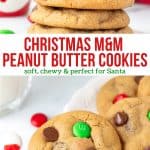 These Christmas M&M peanut butter cookies are chewy, packed with peanut butter and filled with chocolate chips and M&Ms. They're quick and easy to make - no need to chill the dough - and have the best peanut butter flavor and soft cookie texture. Using red and green M&Ms make these an easy holiday treat. #peanutbutter #cookies #christmascookies #mandm #holidaycookies #chocolatechip from Just So Tasty