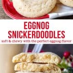 These eggnog snickerdoodles are soft and chewy with a delicious eggnog flavor. Pillowy soft in the middle with a delicious crunch around the edges just like your favorite snickerdoodles. There's no need to chill the dough, so it's a simple Christmas cookie recipe that truly tastes like the holidays. #eggnog #snickerdoodles #eggnogcookies #eggnogsnickerdoodles #christmascookies #christmasbaking #recipe from Just So Tasty
