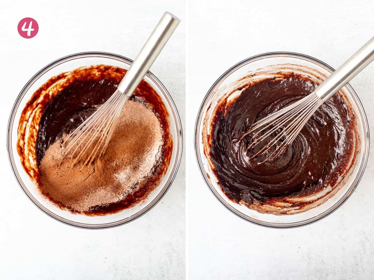 Dry ingredients whisked into bowl of brownie batter, and bowl of brownie batter