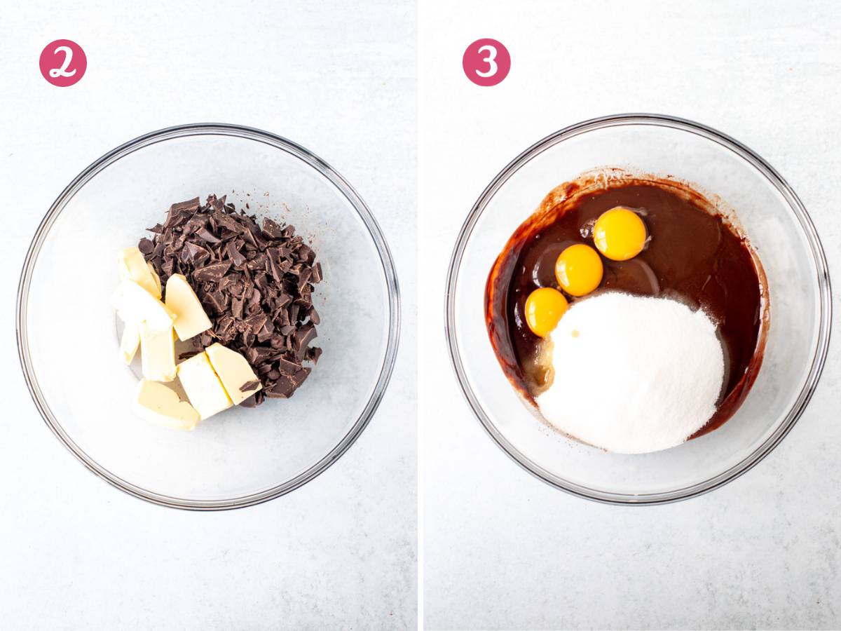 Bowl of chopped chocolate and butter, and bowl of melted chocolate and butter with sugar and eggs added.