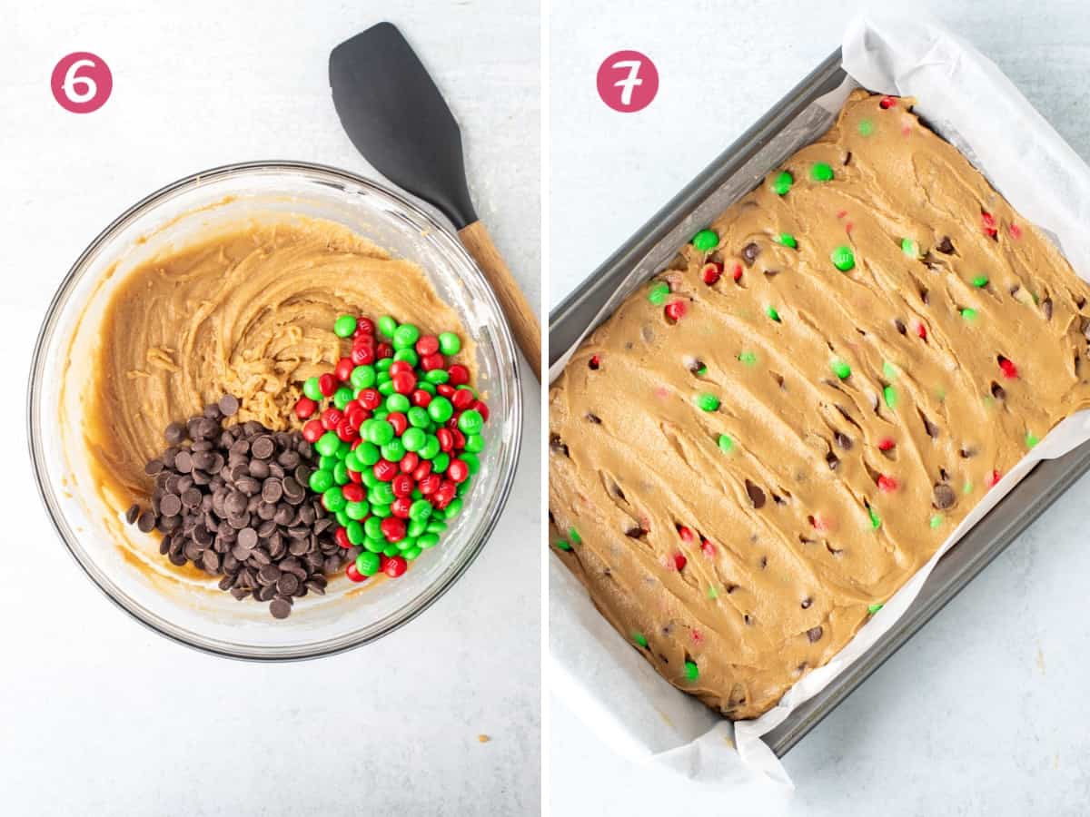 Bowl of cookie bar dough with M&Ms and chocolate chips, and pan of unbaked Christmas M&M cookie bars