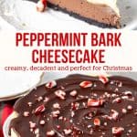 This peppermint bark cheesecake looks absolutely stunning and tastes even better. Inspired by the classic Christmas treat, this cheesecake has layers of chocolate and white chocolate cheesecake with crushed candy canes on top and a delicious hint of peppermint. #peppermintbark #christmasdessert #holidaydessert #peppermintcheesecake #cheesecake #candycanes #chocolatepeppermint #recipe from Just So Tasty