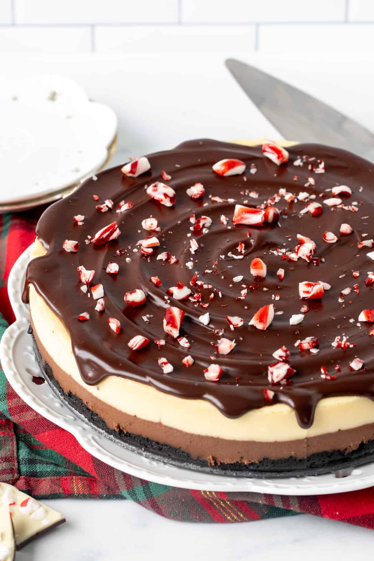 9-inch round layered chocolate peppermint cheesecake with chocolate topping and crushed candy canes on top