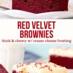 These red velvet brownies are chewy and fudgy with a delicious red velvet flavor and beautiful deep red color. They have a hint of cocoa powder - just like your favorite red velvet cake. Fill them with white chocolate chips or top with cream cheese frosting for the perfect red velvet treat. #redvelvet #brownies #redvelvetbrownies #creamcheesefrosting #recipe from Just So Tasty