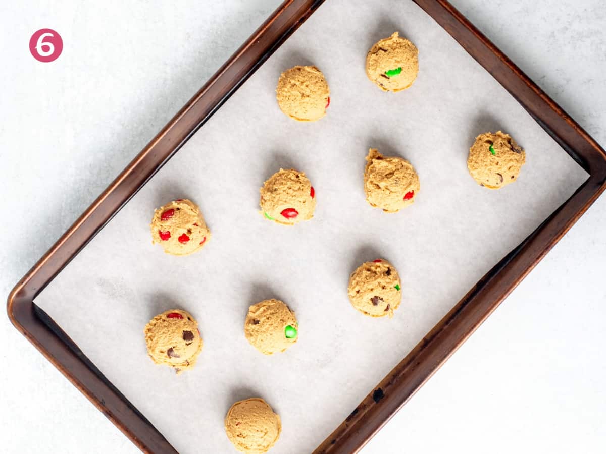 Tray of unbaked peanut butter M&M cookies
