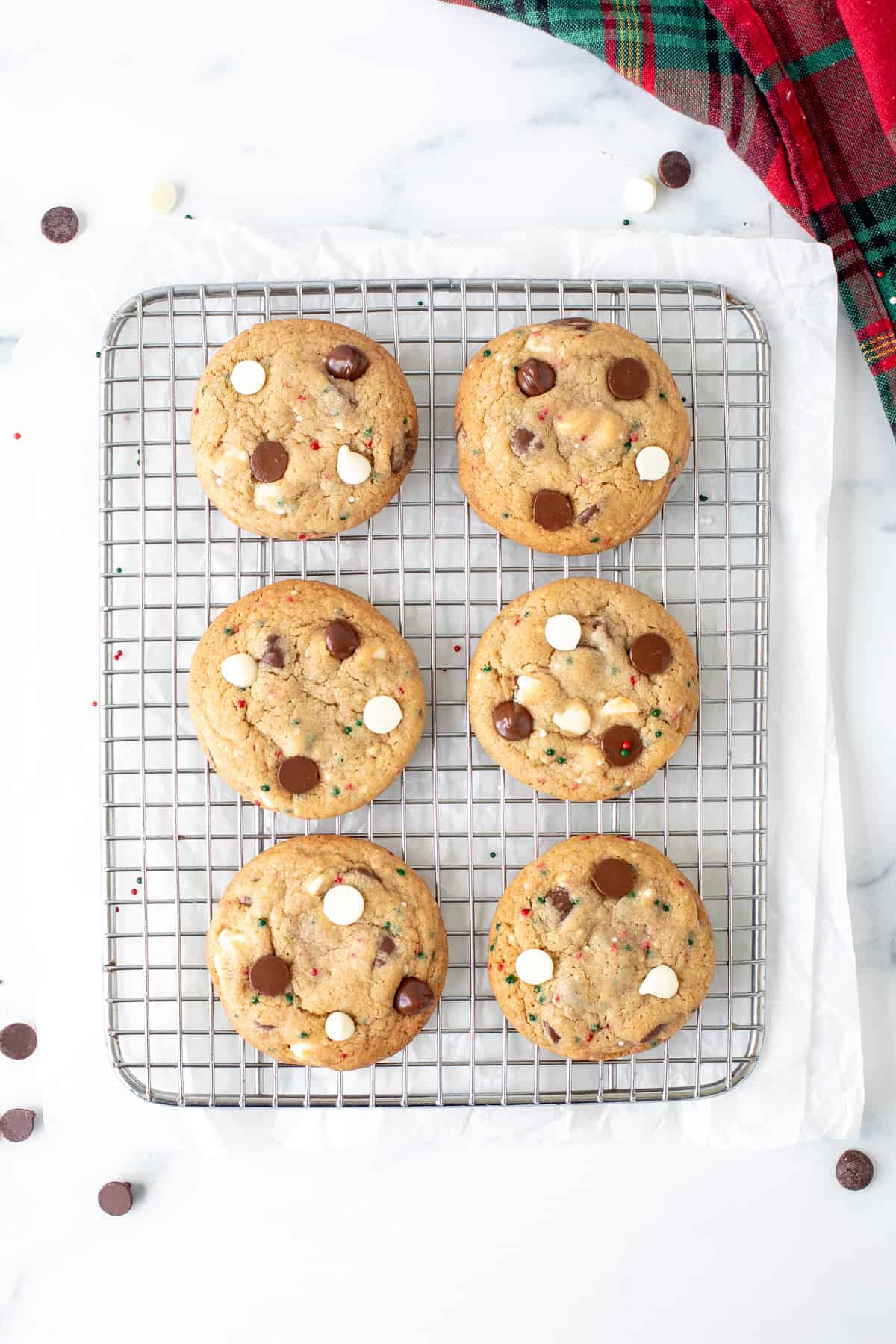 Christmas chocolate chip cookies on a wire cooling rack