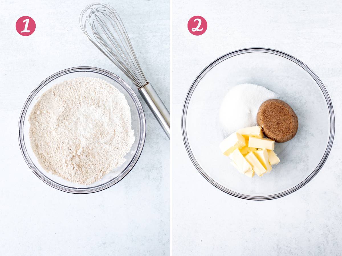 Bowl of dry ingredients whisked together and large bowl of butter, white sugar and brown sugar